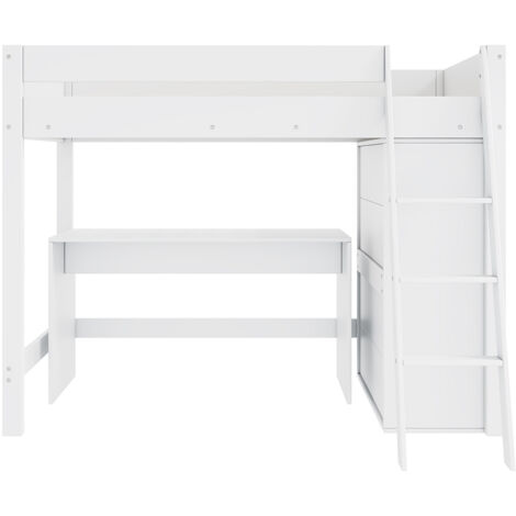 Lit enfant, lit enfant multifonctionnel, avec échelle, bureau, armoire, librement combinable, sans matelas, bois massif, blanc 90x200