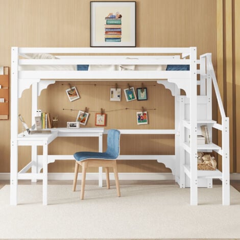 HAUSS SPOLE Lit enfant, lit mezzanine 140x200cm avec bureau en L, armoire ouverte, pin, Étagère de rangement pour escalier, sans matelas, blanc