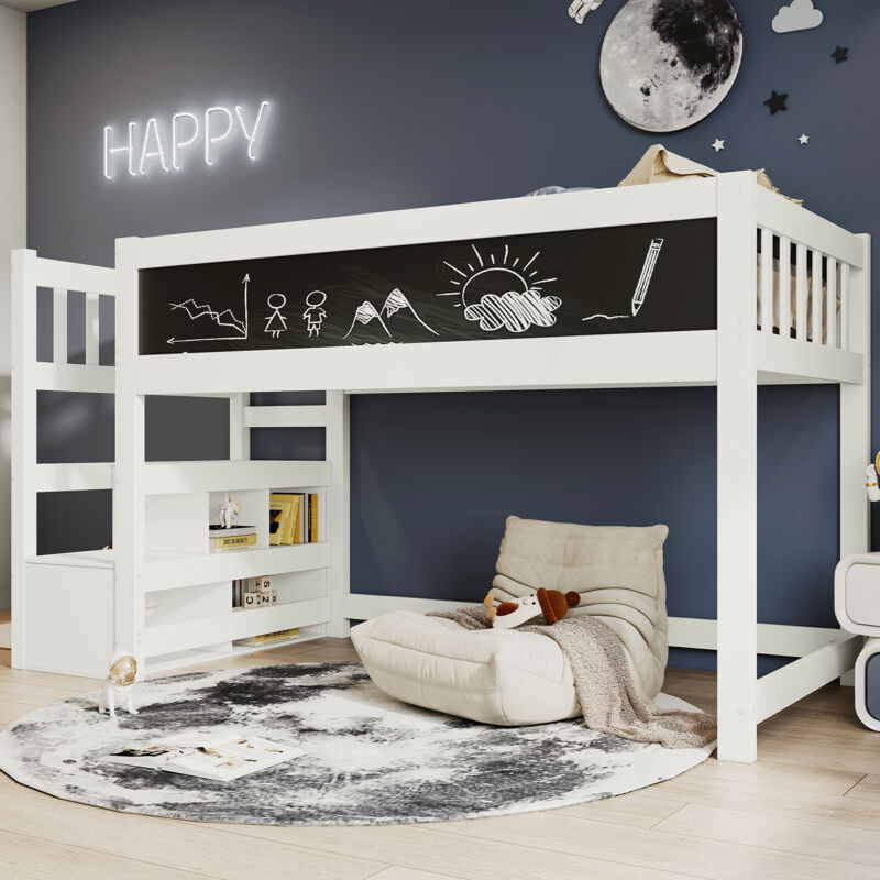 Lit mezzanine 90x200 cm lit enfant avec armoire de escalier, tableau, et protection antichute, en pin massif, blanc