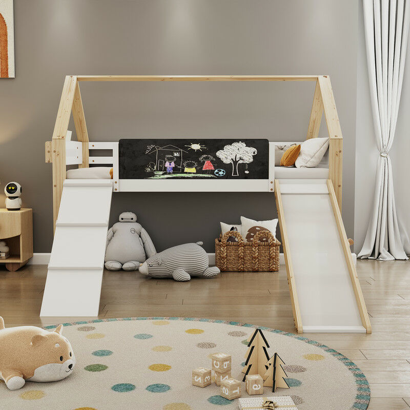 Lit enfant, lit mezzanine avec toboggan, grand rangement, coloris naturel, 90x200cm