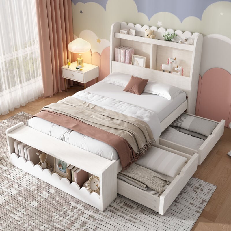 Okwish - Lit simple 90x190 cm lit enfant avec tiroirs, étagère, banc avec rangement et cadre de lit et sommier à lattes en bois, couleur blanc et