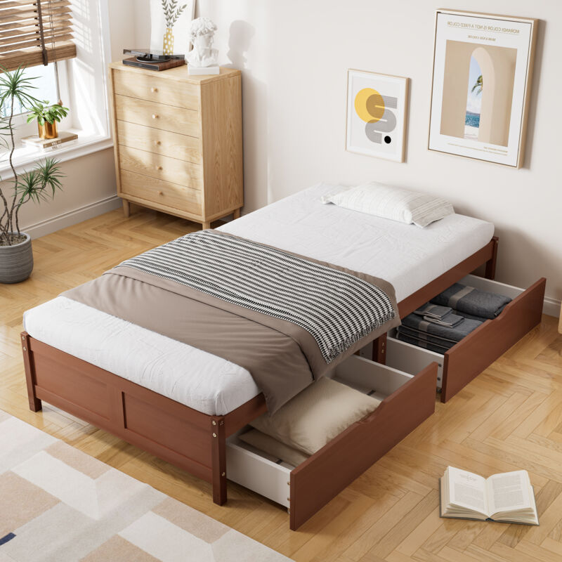 Wishdor - Lit enfant Lit simple Lit ados et adulte 90 x 200 cm avec 2 tiroirs à roulettes, sommiers à lattes, rouge-marron