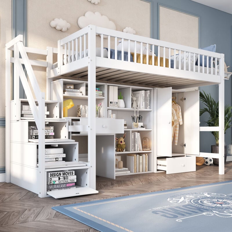 Okwish - Lit mezzanine 90x200 cm lit enfant avec bureau, escalier,casiers et armoire, en bois massif + mdf, blanc, sans matelas