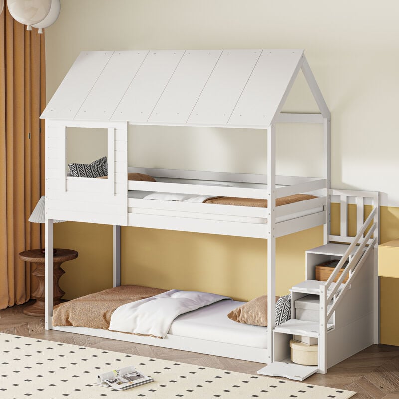 Lit enfant, lit superposé 90 x 200 cm, lit cabane, escalier avec rangement, lit simple, protection antichute, en bois, blanc