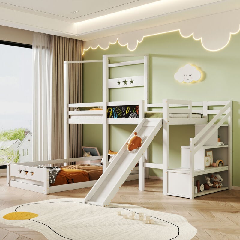 Lit enfant lit superposé avec planche et toboggan, escalier avec espace de rangement lit simple 90x200 cm avec protection antichute, lit mezzanine