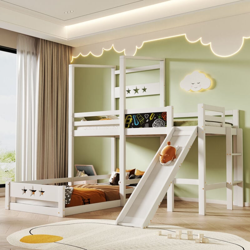 Lit enfant lit superposé avec planche et toboggan, lit mezzanine avec échelle 90x200 cm lit simple avec protection antichute, lit en bois pour enfant