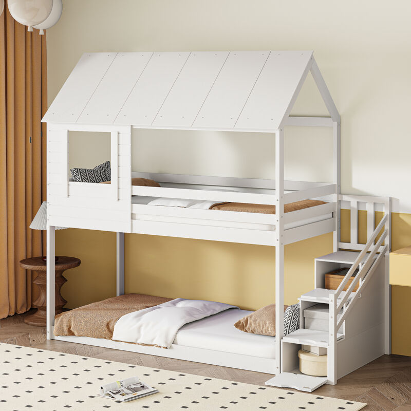 Okwish - Lit superposé 90x200 cm lit enfant cabane avec escalier de sécurité et sommier à lattes, en pin, blanc