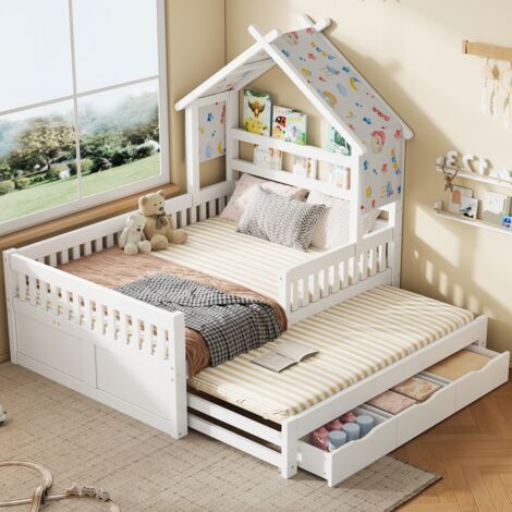 Lit enfant maison en bois 140x200 cm avec lit gigogne 3 tiroirs et barrières de sécurité blanc, lit plateforme (sans Matelas)
