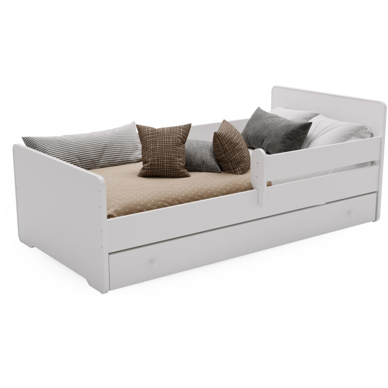 Lit évolutif bébé 140x70 blanc avec tiroir et barrière – Matelas confortable inclus – Construction robuste et sécurisée – Assemblage facile