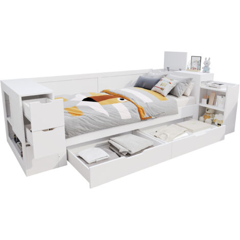 Lit enfant MDF blanc 90x190 cm avec tiroirs et rangement latéral, sans matelas
