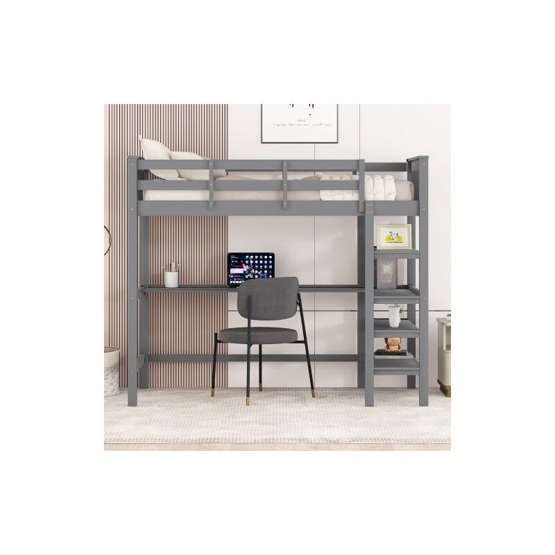 Lit Enfant Mezzanine 90 x 200 cm avec grille de rangement et Bureau sous lit, sommier à lattes, anti-chutes - Gris