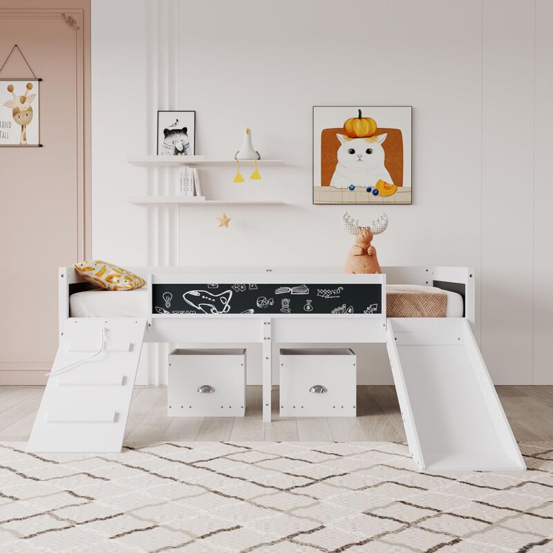 Lit enfant mezzanine 90x200 cm - avec toboggan et rail ardoise, lit enfant simple avec 2 tiroirs, sommier à lattes, pin massif - blanc - Blanc