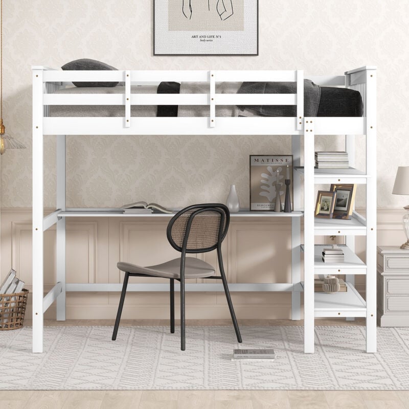 Wishdor - Lit mezzanine avec bureau, lit mezzanine enfant 140x200 cm avec rangements, cadre de lit en pin, blanc