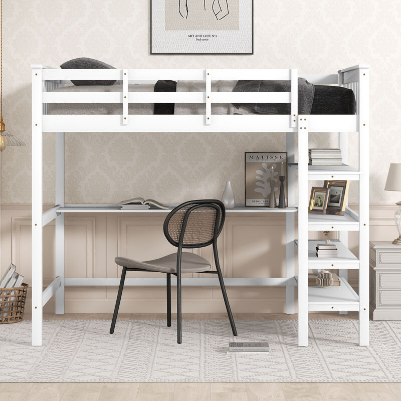 Lit enfant mezzanine avec rangements et bureau sous lit - 140x200 cm, blanc