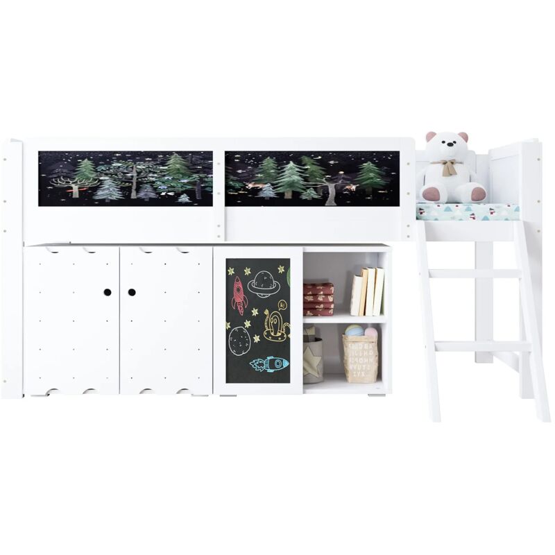 Lit Enfant mi hauteur 90x200cm en bois de pin massif, Lit simple Avec Placard et Tableau de Dessin,Blanc