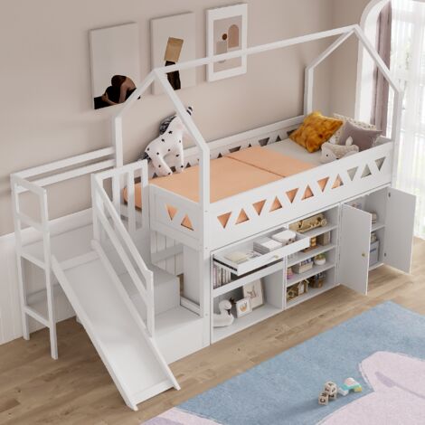Lit enfant multifonction (90 × 200 cm) avec toboggan et rangement, couleur blanc
