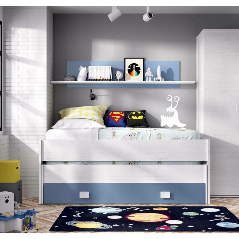 lit enfant dlicat, structure avec deuxième lit gigogne, lit simple pour chambre avec 1 tiroir et étagère, 200x99h74 cm, blanc et bleu - dmora