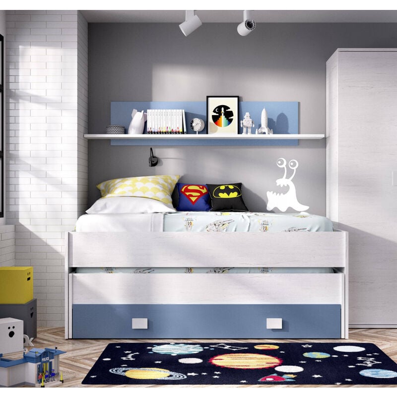 lit enfant ortles, structure avec deuxième lit gigogne, lit simple pour chambre avec 1 tiroir et étagère, 200x99h74 cm, blanc et bleu, avec emballage