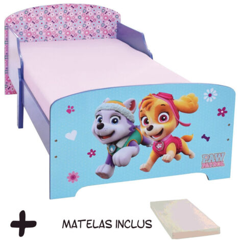 Lit enfant Pat Patrouille en bois 1 place – Dimensions 140x70 cm – Inclus matelas et sommier à lattes – Licence officielle – Bebegavroche