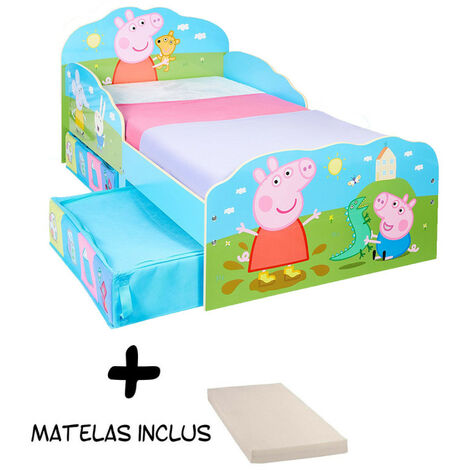 Lit enfant Peppa Pig Famille avec tiroirs de rangement + Matelas - Multicolor