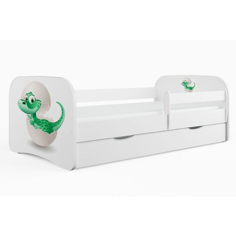 Lit enfant petit dinosaure avec sommiers et barrière de sécurité amovible Drimy-Matelas mousse-80x180-Tiroirs Avec tiroir