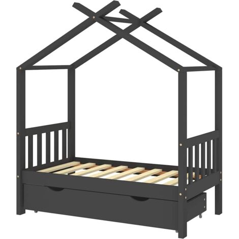 Lit enfant pour 1 personnes, Structure de lit, Assemblage Facile, avec un tiroir Gris foncé Pin 70x140 cm OIB8210E