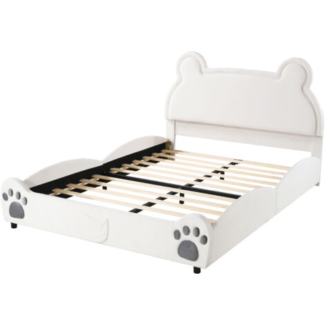 Lit enfant pour garçons et filles, lit rembourré, lit simple ours, cadre de lit à lattes avec tête de lit, velours doux pour la peau, blanc