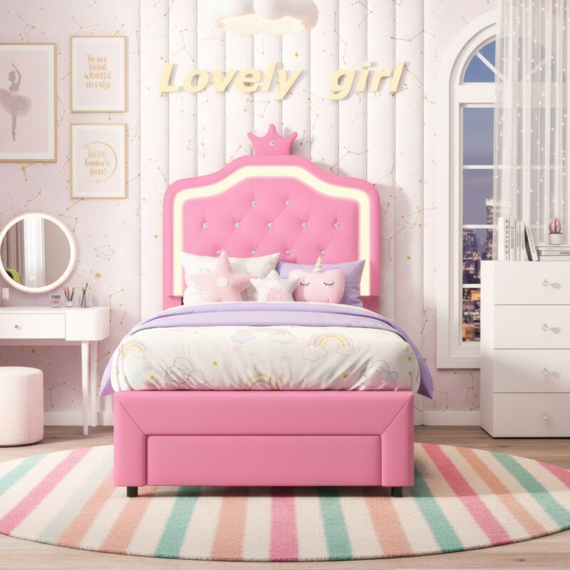 Fortuna Lai – Lit enfant princesse avec rangement et éclairage LED – Tête de lit couronne capitonnée – 90x200 cm – Similicuir rose – Structure robuste