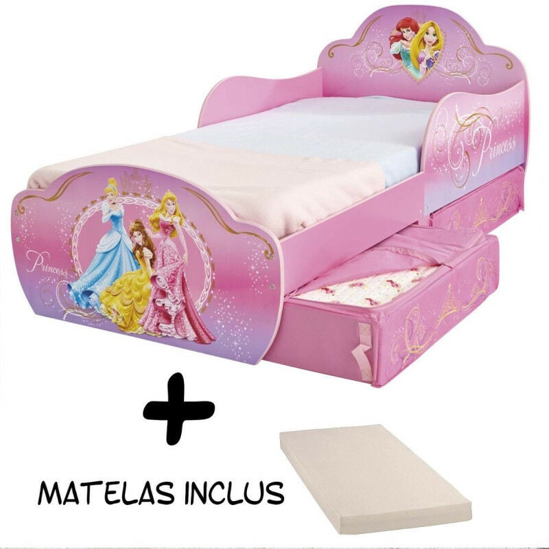 Lit enfant Princesse Disney Design avec tiroirs de rangement + Matelas - Rose