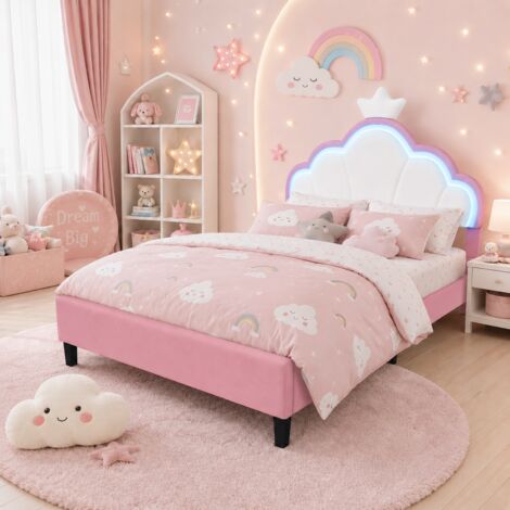 Lit Enfant Rembourré 140 x 190 cm,lit Princesse avec tête de lit LED réglable en Hauteur en Forme de Couronne et sommier à Lattes, lit Fille, pour Enfants et Adolescents,Velours, blanc + rose