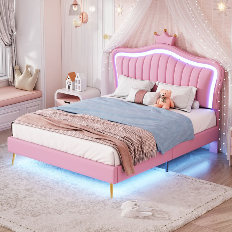 Lit enfant rembourré 140 x 200 cm, cadre de lit pour fille, couronne rose, cadre de lit double en cuir pu avec lumières led, sommier à lattes et