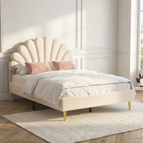 Lit Enfant Rembourré 140x200 cm avec sommier à Lattes,Lit Fille Pétale,Lits de Princesse avec Tête de Lits, Matière Beige Velours Confortable,Lit Double 140x200 Structure robuste – Style scandinave