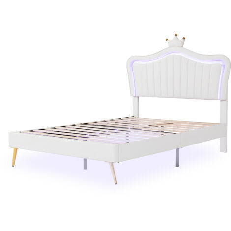 Lit enfant rembourré 140x200 cm en MDF et simili cuir blanc, LED avec télécommande, sommier à lattes inclus