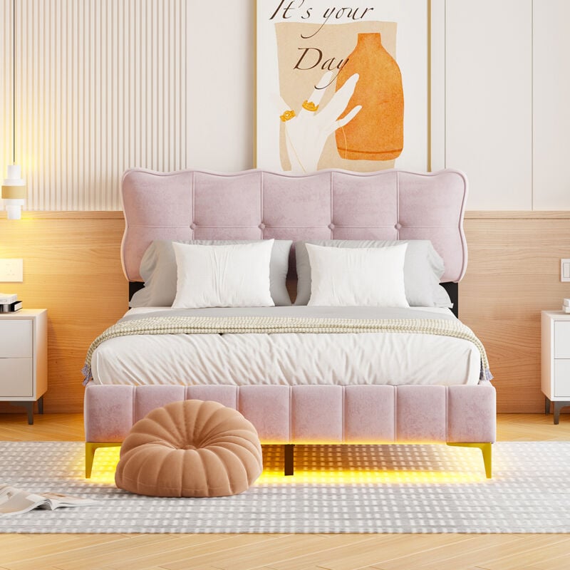 Modernluxe - Lit rembourré 140x200cm - avec éclairage led sous le lit et sommier à lattes - Rose