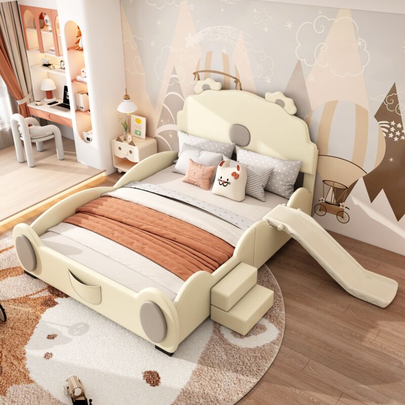 Modfu - Lit enfant rembourré 140x200cm, forme dessin animé, simili cuir, lit double avec escalier, sans matelas, beige