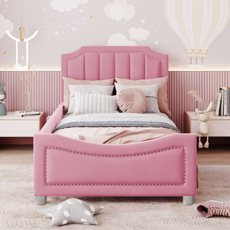 Lit enfant rembourré 90 x 200 cm avec dossier, tête et pied de lit arrondis, sommier à lattes, structure en MDF, métal et flanelle - rose