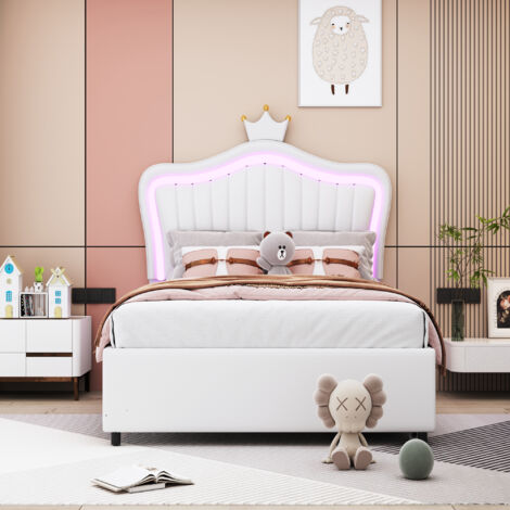 Lit enfant rembourré 90 x 200 cm avec tête de lit coquillage couronne, 2 tiroirs, éclairage LED, sommier à lattes, structure en simili cuir, contreplaqué et MDF - blanc