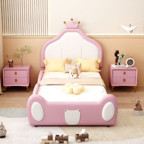 Lit enfant rembourré 90 x 200 cm avec tête de lit couronne, sommier à lattes, structure en simili cuir, métal, contreplaqué et MDF -rose