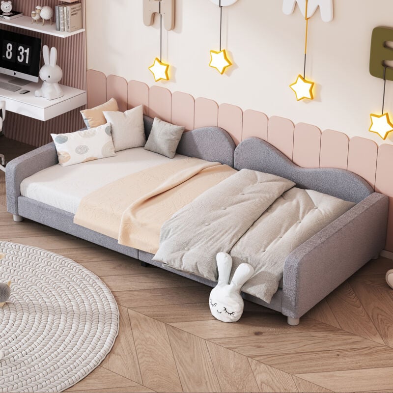 Redom - Lit enfant lit rembourré 90x200 cm, cadre de canapé-lit en tissu peluche, lit de jeunesse lit d'appoint, gris