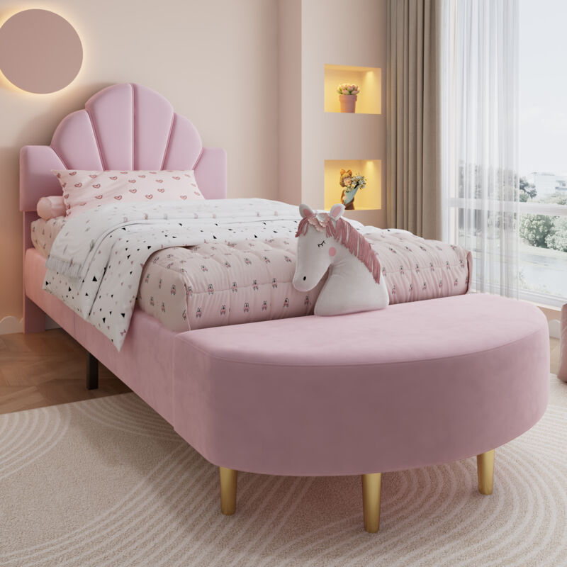 Lit enfant rembourré 90x200 cm - avec banc de bout de lit - avec sommier à lattes - Velours - Rose (sans matelas)