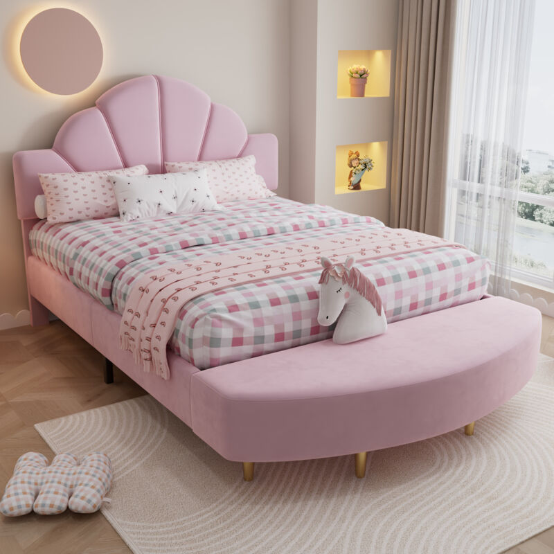 Lit enfant rembourré 140x200 cm - avec banc de bout de lit - avec sommier à lattes - Velours - Rose (sans matelas)
