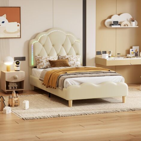 Lit enfant rembourré 90x200 cm avec bande LED coloré, tête de lit ondulée, PU, blanc