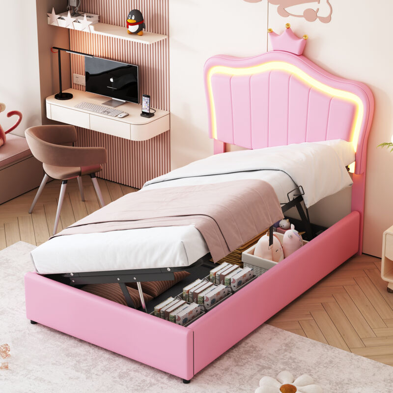 Redom - Lit coffre 90x200 cm, lit adulte avec led, lit simple capitonné, cuir, rose(sans matelas)