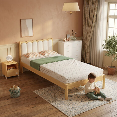 Lit enfant rembourré 90x200 cm beige avec tête de lit PU capitonnée effet vague, sommier à lattes stable, cadre bois massif et style élégant