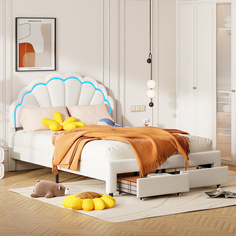 Lit de Princesse pour Fille 140x200 cm avec Tête de Lit LED Réglable et 2 Tiroirs – Rembourré, Coussins à Motif Fleuri, Velours Blanc, Cadre de Lit