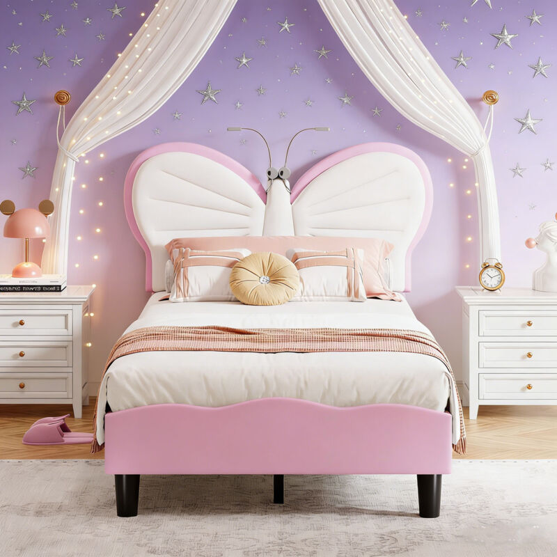 Lit Enfant Rembourré 90x200, Lit 1 Personne avec LED, Lit Fille Princesse 90x200 avec Sommier à Lattes, Réglable en Hauteur, Velours, Rose