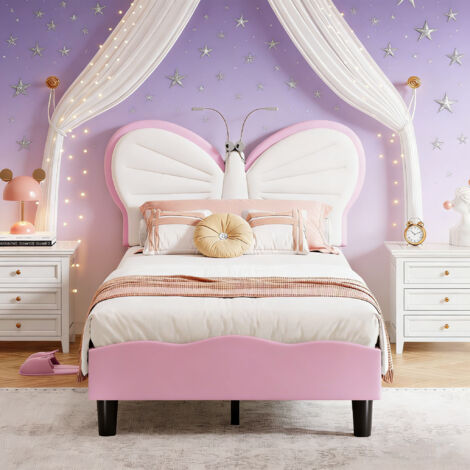 Lit Enfant Rembourré 90x200, Lit 1 Personne avec LED, Lit Fille Princesse 90x200 avec Sommier à Lattes, Réglable en Hauteur, Velours, Rose