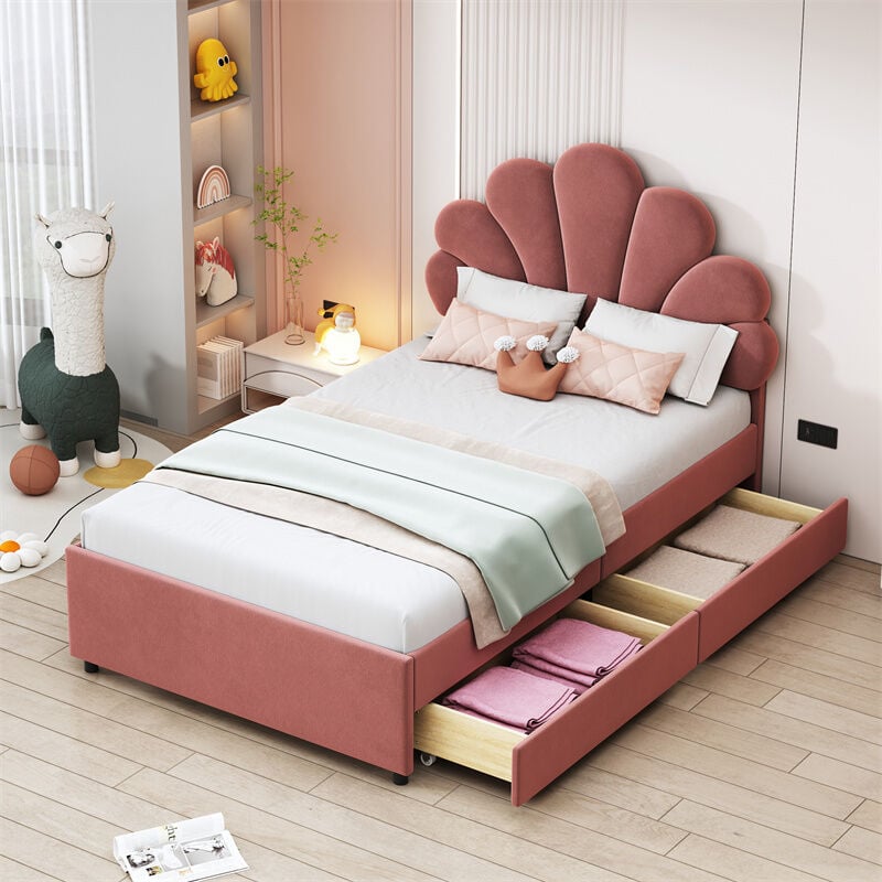Fortuna Lai - Lit enfant rembourré avec 2 tiroirs, sommier à lattes et tête de lit fleurie, tissu velours, rouge haricot 90x200cm