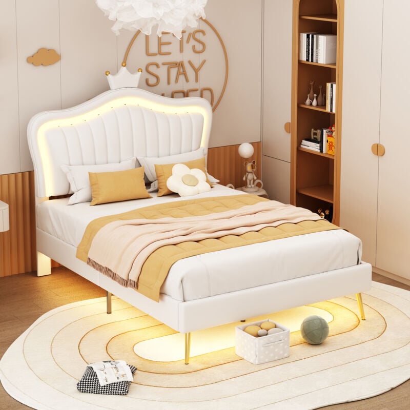 Redom - Lit enfant capitonné 90 x 200 cm, cadre de lit double avec led, sommier à lattes, en cuir pu, blanc (matelas non inclus)