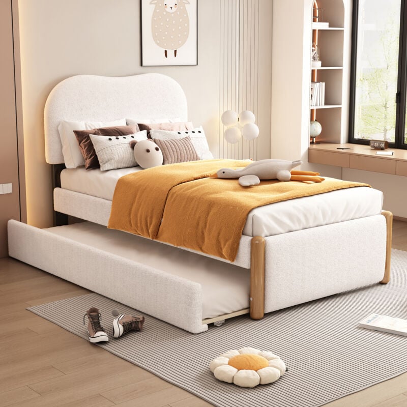 Modernluxe - Lit enfant rembourré en peluche - 90x200 cm - avec sommier à lattes et lit gigogne coulissant - Blanc